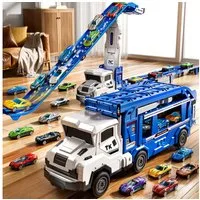 TEMI Spielzeug-Auto Transform Rennbahn LKW Spielzeug Set mit 12 Druckguss Autos