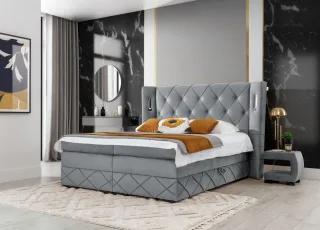 Boxspringbett Schlafzimmerbett ELVIANO 180x200cm Stoff Hellgrau inkl. Ambient...