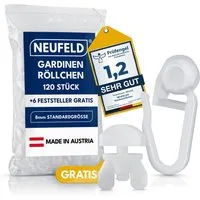NEUFELD Gardinenröllchen für Schienen 120 Stück inkl. 6 Feststeller I Vorhanggleiter, Gardinenschienen mit 8 mm Laufkanal, Innenlauf-Gardinenschienen, (Set), Waschfest Leichtläufig Bruchsicher 8 mm Standardgröße