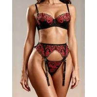 Elegant Love Set: Bügel-BH Besticktes Dessous-Set für Damen – sexy Lingerie-Set aus Spitze (Set, 3-tlg., BH, String und Strumpfhaltergürtel) Elegante Reizwäsche: Straps-Unterwäsche-Set mit floraler Stickerei