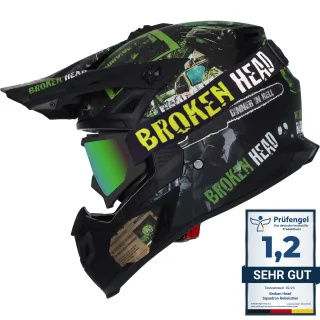 Broken Head Supermoto- &amp; Motocross-Helm Resolution Grün + MX-2 Schwarz verspiegelt