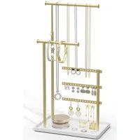 SURFOU Schmuckständer Schmuckständer 3 Ebenen Metall Holz Schmuck Organizer Verstellbar (Schmucktablett, Schmuckhalter, Schmuckaufbewahrung, ausziehbarer Kettenhalter für Ringe Ohrringe Ketten Armbänder, 1 St), 3-stufiges Design, Höhenverstellbar bis