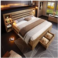 OKWISH Holzbett Stauraumbett, Eiche massiv, mit USB-C im Kopfteil (Funktionsbett, Doppelbett, 1-tlg., LED-Beleuchtung am Bett, inklusive Schubladen, 180×200cm), Lattenrost aus Holz, komfortable Bettanlage(Ohne Matratze)