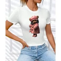 RMK Kurzarmshirt Damen T-Shirt kurzarm Top Sommer Rundhals süßer Teddybär Bär Brille aus Baumwolle