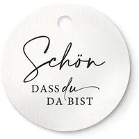 NORDEULE Dekohänger Schön dass du da bist, Runde Geschenkanhänger Ø 4cm (12 St), ideal für Gastgeschenke Willkommensgeschenke zur Hochzeit Events