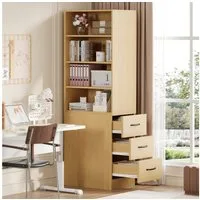 Flieks Bücherregal mit seitlichen Schubladen, links und rechts austauschbar, B60/T38/H180 cm 1-tlg., Hochschrank mit verstellbaren Einlegeböden Wohnzimmerschrank Natur