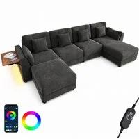 Merax Ecksofa U-Form/L-Form Sofa mit LED-Beleuchtung, Chenille, 292x135x82 cm 1 Teile, 6-Sitzer-Sofa mit 2 Hockern, klappbarem Armlehnen-Tisch & 6 Kissen