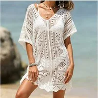 MOPUEA Strandkleid Strandtunika Damen Häkeloptik Bikini Überwurf V Ausschnitt Boho (Damen Strandtunika Bikini Überwurf In Häkeloptik, Leichter Überwurf Mit Hohlmuster Und V Ausschnitt) Luftig Schnelltrocknend Oversize Und Reisetauglich
