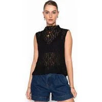 SASSYCLASSY T-Shirt Spitzen-Top mit Stehkragen für Damen Leicht transparentes Top mit floralem Muster Schwarz Offwhite