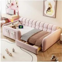 Merax Polsterbett mit USB/USB-C Ladeanschluss, Jugendbett, Samtbezug (Tagesbett Sofabett, 1-tlg), Kinderbett 90x200cm mit Schublade Nachtlicht Sicherheitsgeländer