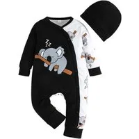 Gluckids Strampler Baby Strampler mit Tierdruck Neugeborene Bodysuit + Mütze Outfits (2-tlg) Babykleidung Casual Einteiler Romper Frühling & Herbst Baby-Sets