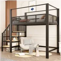 Flieks Hochbett Metallbett Kinderbett 90×200cm mit Stauraumtreppe