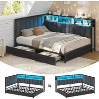 KIMENICH Polsterbett Jugendbett mit LED-Beleuchtung und Ladestation, Schlafsofa, Daybett (Ohne Matratze), Tagesbett mit 2 Schubladen und offenen Regalen, 140 x 190 cm