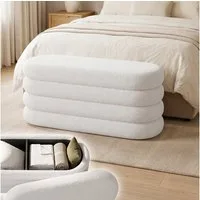 skølm Hocker Selene mit Stauraum, Sitzhocker & Polsterbank, Teddy Bouclé Stoff (creme-weiß, 110 × 45 × 42 cm), Aufbewahrungsbank mit Deckel, Sitztruhe für Schminktisch