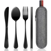 FOUORTUNATE-BEE Besteck-Set 5 Stück Edelstahl Reisebesteck mit Etui Tragbares Besteckset, Edelstahl, Campingbesteck für Unterwegs, Outdoor, Reise, Arbeit, Schule