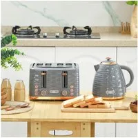 HOMCOM Toaster Wasserkocher Frühstück-Set: 1,7L, 4 Scheiben, 7 Bräunungsstufen, 4 Schlitze, für 4 Scheiben, 2200 W, Auftau-, Aufwärm- und Krümelschublade, Otter-Thermostat, Grau