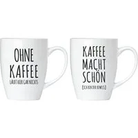 BRUBAKER Tasse Motivtassen "OHNE KAFFEE..." und "KAFFEE MACHT...", 4-tlg., Keramik, 2x Kaffeebecher in Geschenkpackung mit Grußkarte - mit Spruch lustig