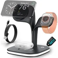 GreenHec Ladestation 3in1 MagSafe Ladegerät Kabellos Induktiv Charger Stand Wireless Charger (3 mA, Spar-Set, 3in1 PowerBase + USB-C Kabel + 20w Dual Charger, iPhone 17 16 15 14 13 12 Pro Max Air, Airpods, Apple Watch Wireless)