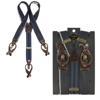 Sir Redman Hosenträger Herren Candiani Denim 35mm blau-braun. Ein stilvolles Accessoire-Set aus Baumwoll-Mix für einen markanten Vintage-Auftritt.