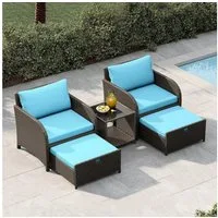 GarveeMore Gartenlounge-Set Terrassenmöbel mit Tisch,5 teilig Rattan Balkonmöbel Kleiner Balkon, Gartenmöbel Set Balkonset 2 Rattansessel mit Hocker,Outdoor Sitzgruppe