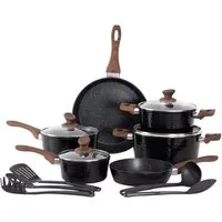Kitchen Academy Topf-Set, Aluminium, Granit (20,3 cm/27,9 cm Bratpfanne, 1,5qt/3qt Stieltopf mit Deckel, 3qt/5qt Kasserolle mit Deckel, 5 Silikonspatel), Induktionskochgeschirr-Set 15-tlg Antihaft-Kochgeschirr-Set