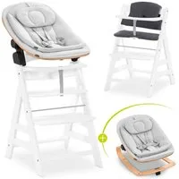 Hauck Hochstuhl Alpha Plus White Newborn Set Eco - Grey, Holz Babyhochstuhl ab Geburt inkl. Neugeborenenaufsatz & Sitzauflage