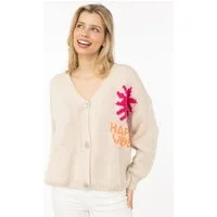 Zwillingsherz Cardigan "Happy Vibes" Knopfleiste, großes Motiv mit Blume und Schrift hinten, One Size