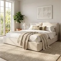 KLAM HOME Polsterbett Beiges Polsterbett aus Chenille mit gepolstertem hohem Kopfteil (Doppelbett 180x200cm mit Hydraulik-Stauraum und Lattenrost), Funktionsbett mit Unterbettstauraum für aufgeräumtes Schlafzimmer