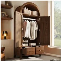 HAUSS SPOLE Kleiderschrank Landhausstil mit Rattan-Flechten&Schubladen,Garderobenschrank Walnuss (Packung, 1-St., 2 Türen mit Magnetverschluss, Kleiderstange und Kippsicherung) Landhausstil, offene halbrunde Ablage