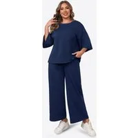 Imily Bela Hausanzug Damen Schlafanzug 2-teiliger in Übergröße (Set, 2 tlg., 3/4-Arm Bluse + Weite Hose) in Unifarbe