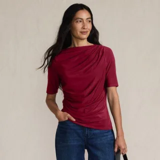 Silk Knit Gerafftes Shirt mit ellbogenlangen Ärmeln für Damen, Damen, size: regular, Rot, Polyester-Mischung, by Lands' End