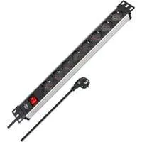 Alu-Line 19" Steckdosenleiste 8-fach, mit Schalter schwarz/aluminium, 1HE, 2 Meter Kabel, für Netzwerk- oder Serverschränke