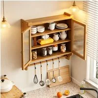 MODFU Hängeschrank Zweitüriger Wandschrank 70 cm,Stauraumschrank Hängevitrine (Vintage Glas-Wandregal mit Doppelglastüren und 3 Regalen – Wandmontage für Badezimmer, Küche, Esszimmer – Praktischer Handtuchhalter und Stauraum in Naturholzoptik) Gewich