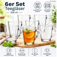 steinwohn Teeglas 6er Set Teegläser Teetassen Glastassen Trinkgläser mit Henkel - 300ml, geeignet für Spülmaschine und Mikrowelle