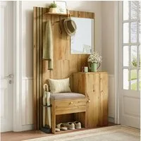 Merax Garderoben-Set Kompaktgarderobe mit Spiegel, Sitzkissen & schwarzer Zierleiste, (Flur-Garderobenset Eingangsbereich-Schrank Flurschrank, 1-St., 115x185x37 cm), mit Soft-Close-Türen, verstellbaren Regalen, Schirmablage & Kippschutz