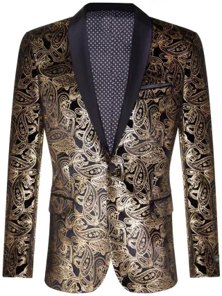 Klassischer Smoking-Blazer für Herren aus schwarzem Samt mit goldenem Paisleymuster und maßgeschneiderter Passform