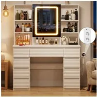 HOMALL Schminktisch Mit Spiegel und LED-Beleuchtung, mit Steckdose (Kombination aus 9 Schubladen, 7 offenen Fächern und Stauraum hinter dem Spiegel, Maße: 108 × 40 × 146 cm, mit 2 Steckdosen, 1 USB-Anschluss und 1 Typ-C-Anschluss, Föhnhalterung)