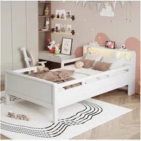 Merax Kinderbett mit LED und USB- & Type-C-Anschluss (Multifunktionsbett, 1-tlg., Kieferholzbett Einzelbett), Jugendbett Holzbett 90x200cm mit Gitterdesign und Kopfteil mit Ablage