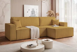 Ecksofa Schlafsofa Sofa ADARA MAX in Stoff Poso Honiggelb Ottomane Rechts