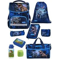 Familando Schulranzen Basic Plus 1.-4. Klasse ergonomisch, leicht, Volumen 15 Liter (Set, 9-tlg., inkl. Lunch-Set und Sporttasche), Dino T-Rex Dinosaurier Motiv
