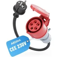 ABSINA 1x Adapter Schuko Stecker auf CEE Kupplung 60cm Kabel - E Auto Zubehör CEE-Adapterkabel