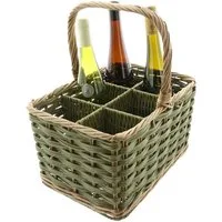 Dekoleidenschaft Flaschenträger "Olivgrün" aus Weide & Polyrattan für 4 / 6 Flaschen, Flaschenkorb, Korb, Getränketräger, Getränkekorb für Weinflaschen Bier Saft Wasser