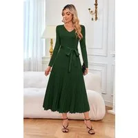 Arach&Cloz Strickkleid Damen Pulloverkleid Herbst Winterkleid Lang Plissee V-Ausschnitt Langarm Elegant Midi Kleider Winter
