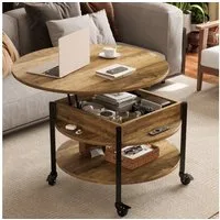 FABATO Couchtisch Runder Couchtisch mit Höhenverstellung, Rädern und Staufach (1-St), ideal für Wohnzimmer, in Natur