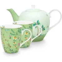 PiP Studio Teeservice Jolie Flowers Green Teeset groß Set3, Porzellan, Set/3 Tea Set Large Jolie Flowers Green