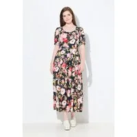 Ulla Popken Dirndl Maxikleid Leinenmix Blüten Rundhals Halbarm