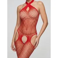 Elegant Love Bodystocking-Ouvert Neckholder Fischnetz Catsuit, Strumpfbody mit offenem Schritt Stilvolles Dessous, S–XL