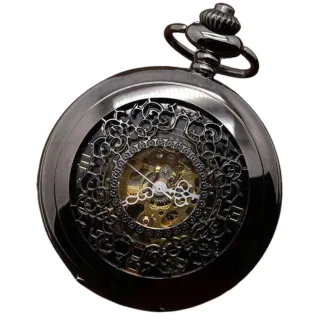 Taschenuhr mit Skelett-Halbjäger-Motiv, Messing, Antik-Optik, Schwarz