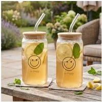 Levandeo® Glas, 2er Set Glas Deckel Strohhalm 500ml Be Happy Smiley Bambusholz