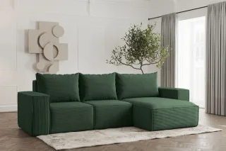 Ecksofa Designersofa ESTELLE in Stoff Poso Grün Ottomane Rechts